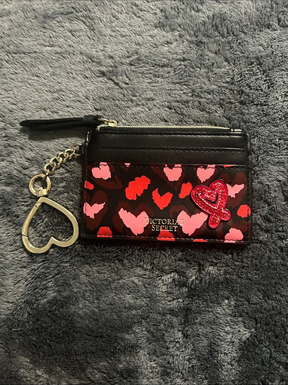Victoria's Secret Black Cardholder Keychain with Red & Pink Hearts